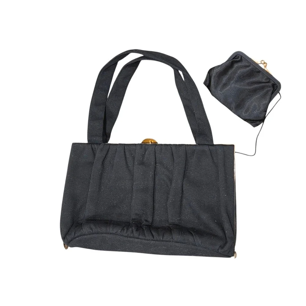 Vintage 50s Shumate Black Fabric Pleated Cocktail Handbag Original Coin Purse